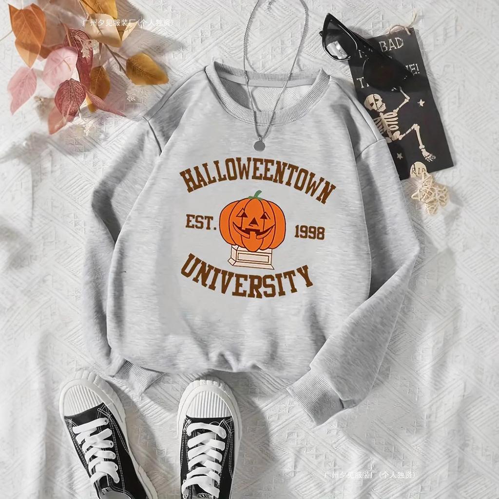 Plus Size Women'S Halloween Pumpkin Print Casual Crew Neck