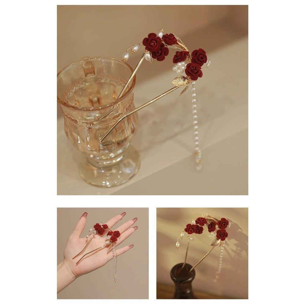 Tassel Rose Hairstick Step Shake U-shape Hairpin Jewelry Flower Hair Clip  Party