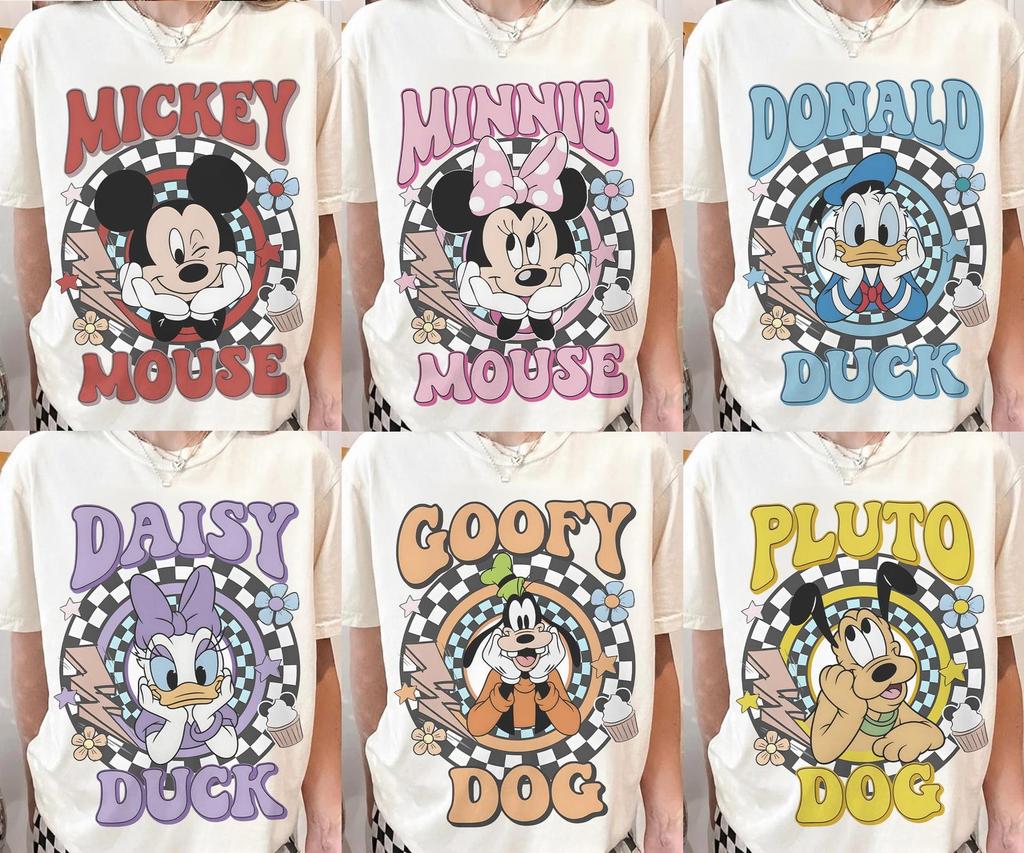 Retro Disney Character Shirts, Mickey Minnie Donald Daisy Goofy Pluto Shirt, Vintage Cartoon Tee, Checkerboard Disney Shirt