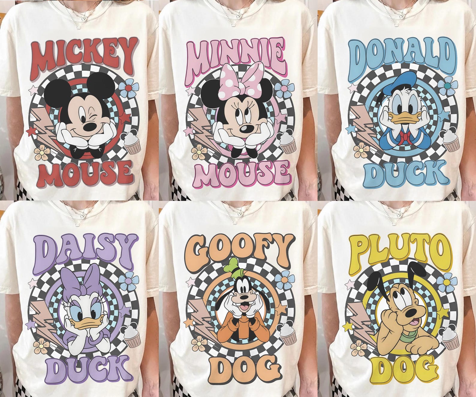Retro Disney Character Shirts, Mickey Minnie Donald Daisy Goofy Pluto Shirt, Vintage Cartoon Tee, Checkerboard Disney Shirt S