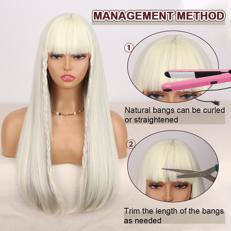 XINRAN Synthetic Long White Wigs with Bangs Cosplay Straight Wigs with Brown Highlight Natural Fake Hair for Women