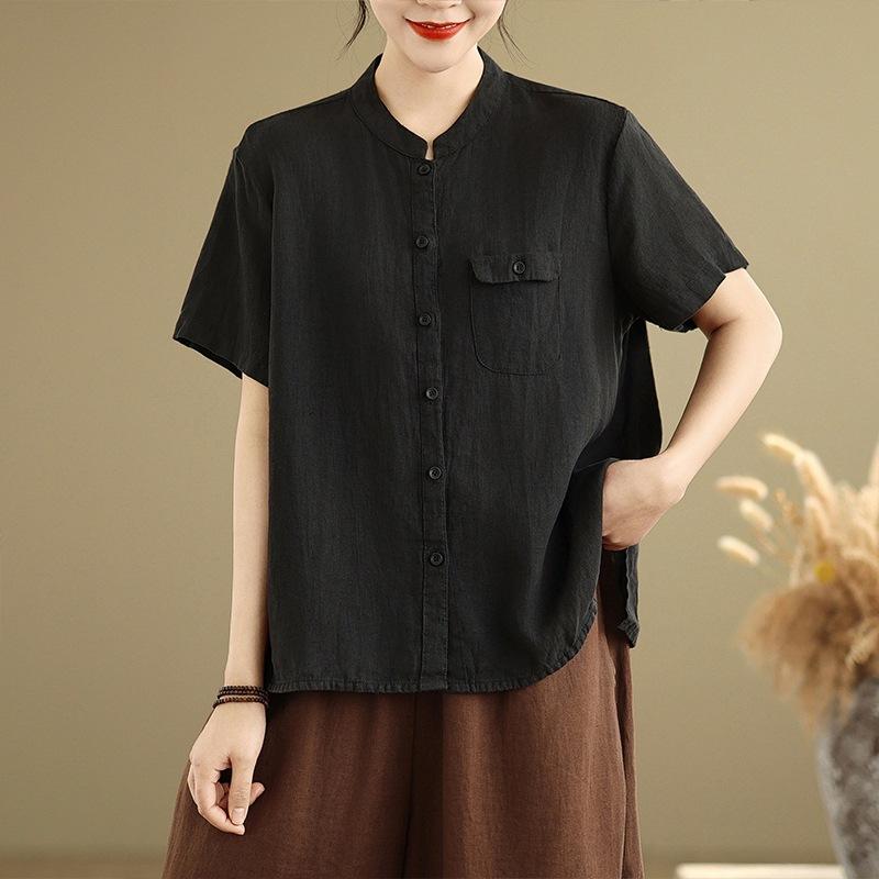 

Однотонная хлопково-льняная рубашка женская 2025 лето новая повседневная универсальная свободная с воротником поло с коротким рукавом кардиган топ 2XL чёрный