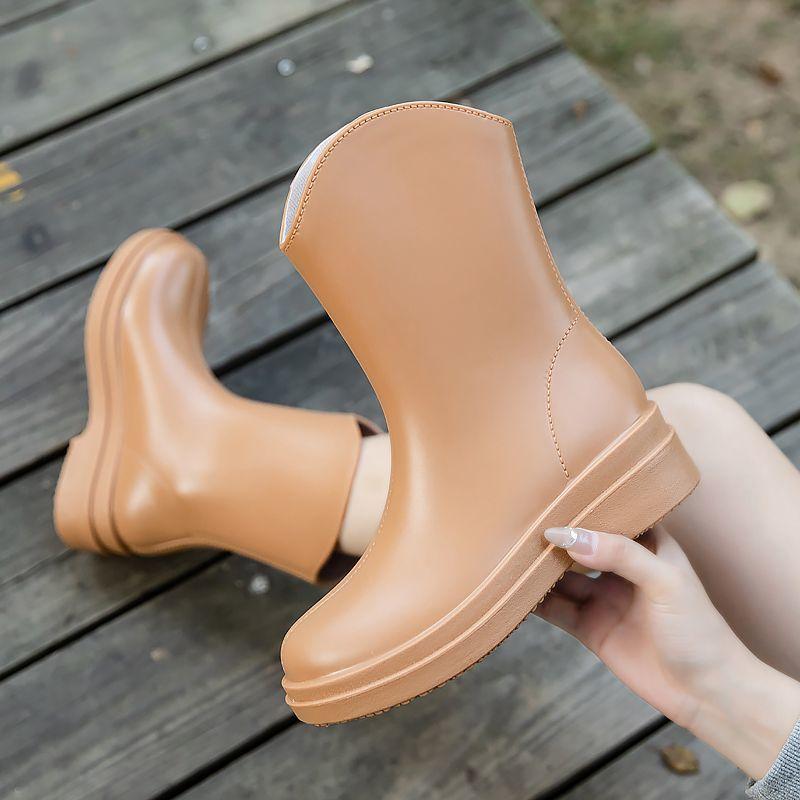 Einfarbige Damen-Halbhohe Regenstiefel Wasserdicht Rutschfest Dicke Sohle Küchenarbeitsschuhe Trendiger Stil Schuhe