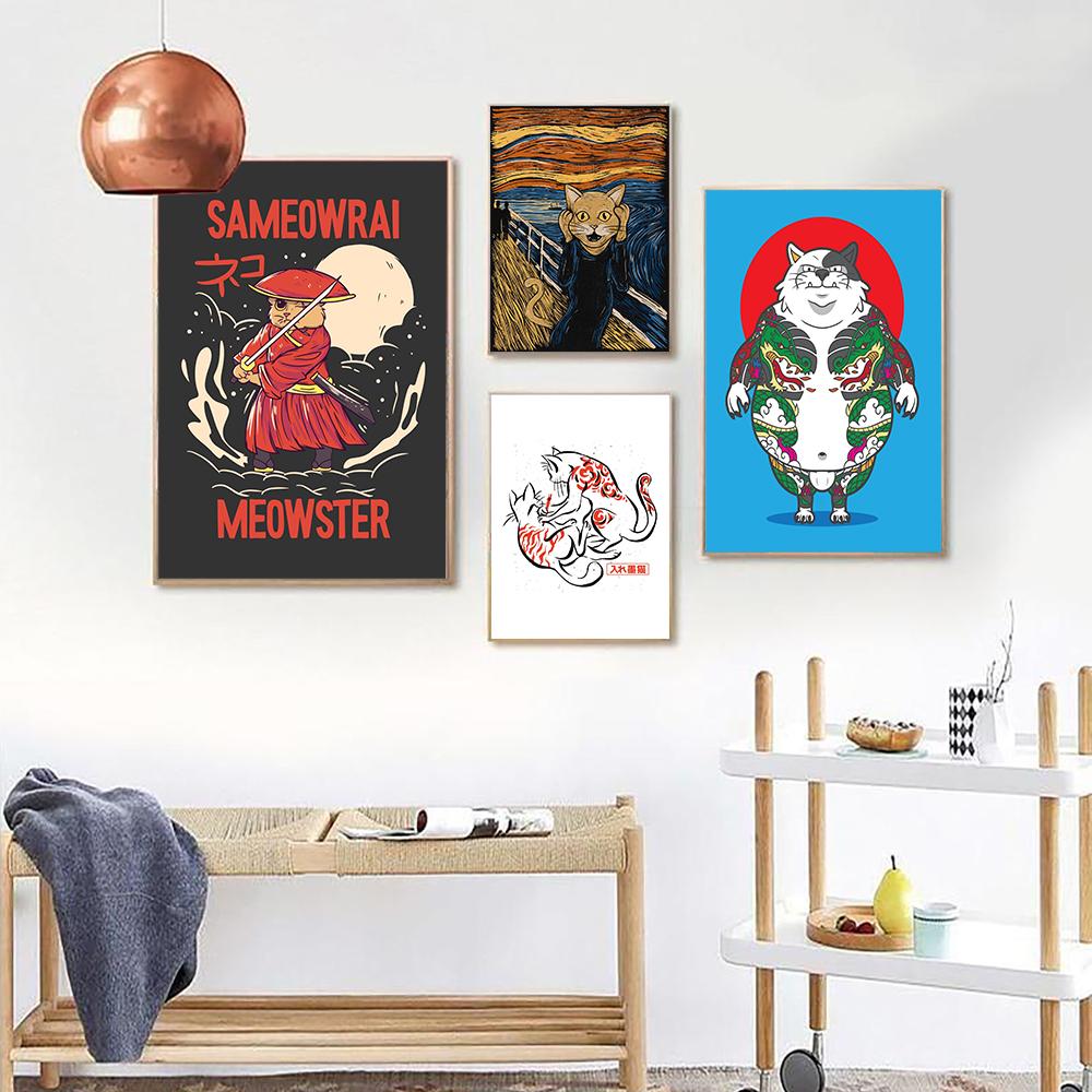 Grim Tattoo Cat on Red Sun Canvas Painting Funny Cute Cat Samurai Poster Print Kids Bed Home Room Wall Art Decoration Pictures