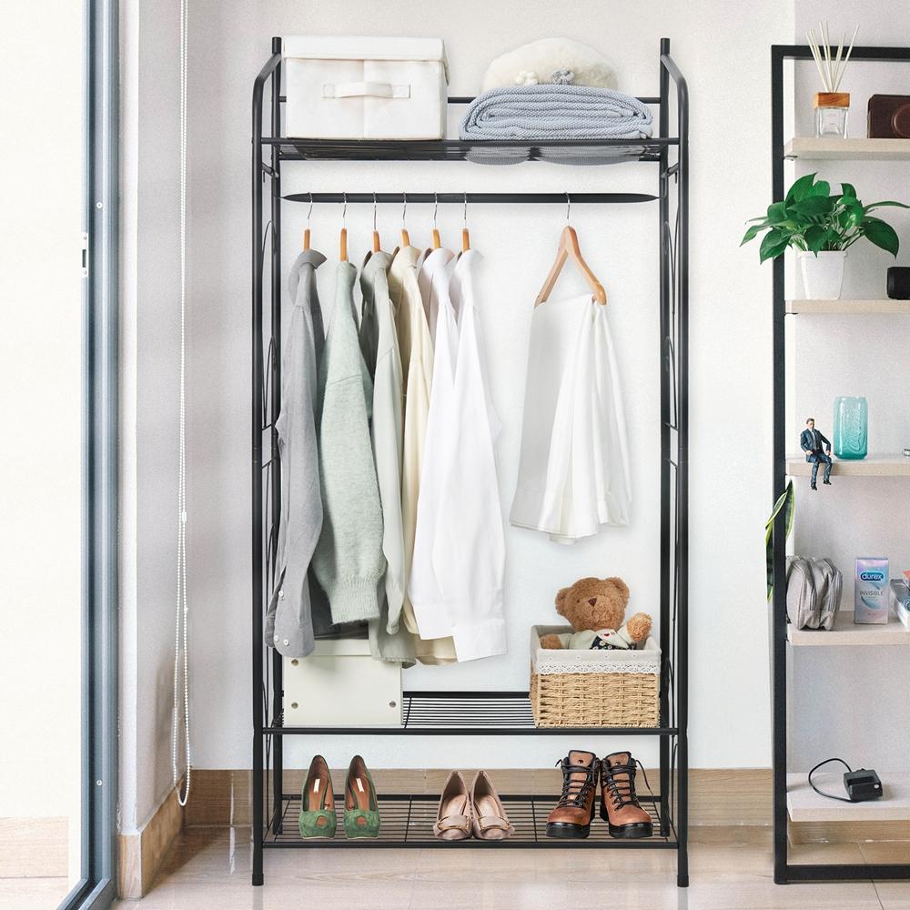 Unho Rack : Metal Clothes Hanging Rail Garment Rack Black Open Wardrobe Bedroom Coat Stand with Shoe Storage 78 X 36 X 160cm