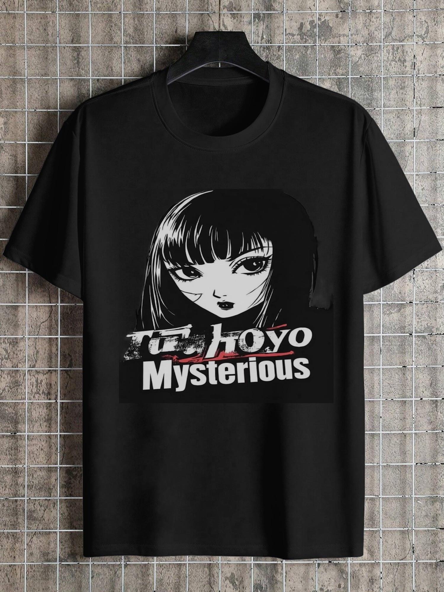 Tokyo Mysterious Anime Girl Graphic T-shirt - Black & White Geometric Design S