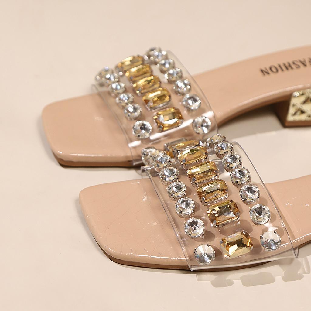 Fashion Summer Glitter Rhinestone Slides Women Slippers Outdoor Heeled Mules Low Heeled Sandals Fashion Women Shoes Chaussures Femme