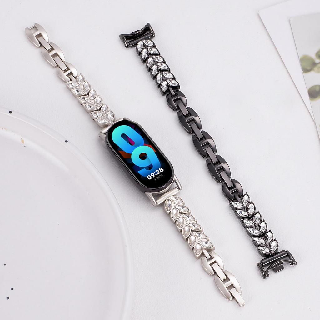 Metal Watch Strap For Xiaomi Smart Band 9 NFC/9/8 Wheat-Shaped Rhinestone Adjustable Wrist Band Replacement Bracelet