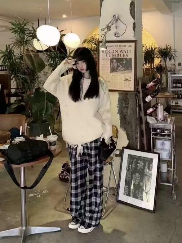 Women's High-Waisted Plaid Wide-Leg Pants - Autumn/Winter Casual Velvet Trousers