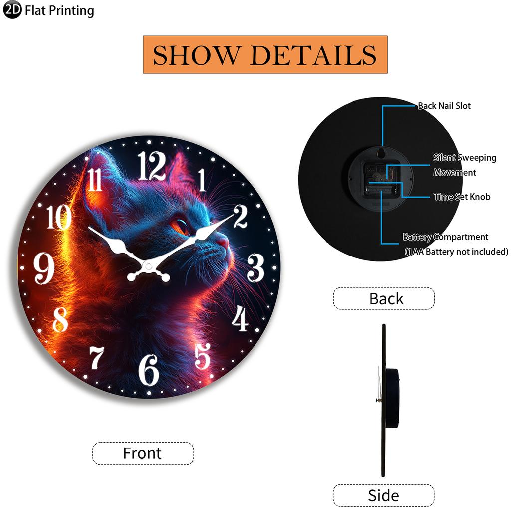 Wooden Silent Wall Clock Neon glowing cat Quartz Analog Clock for Bedroom Bathroom Halloween New Year Gift