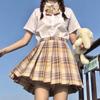 Lemon Sea Salt Plaid School Uniform: Short Sleeve Top & Midi Skirt Set