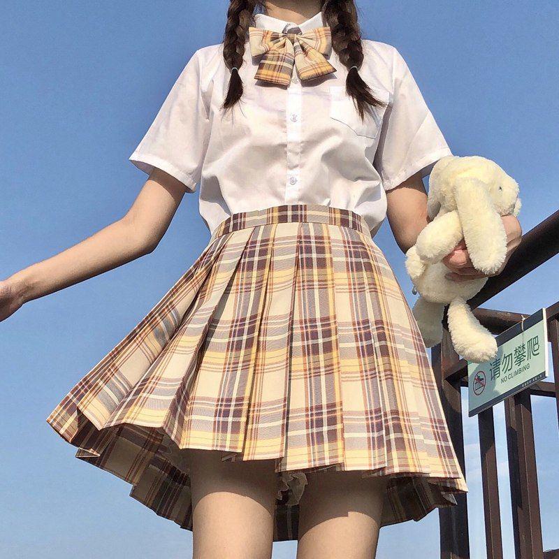 Lemon Sea Salt Plaid School Uniform: Short Sleeve Top & Midi Skirt Set
