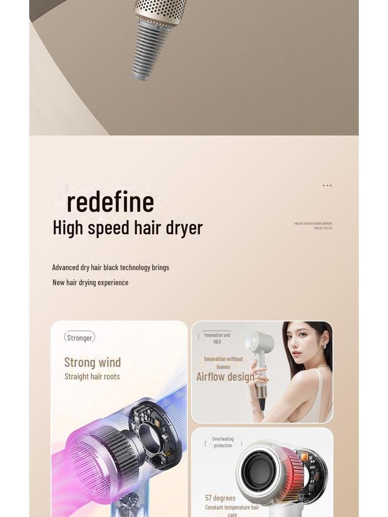 High-Power Ionic Hair Dryer: Leafless Design, Fast-Drying, Suitable for Home and Salon.