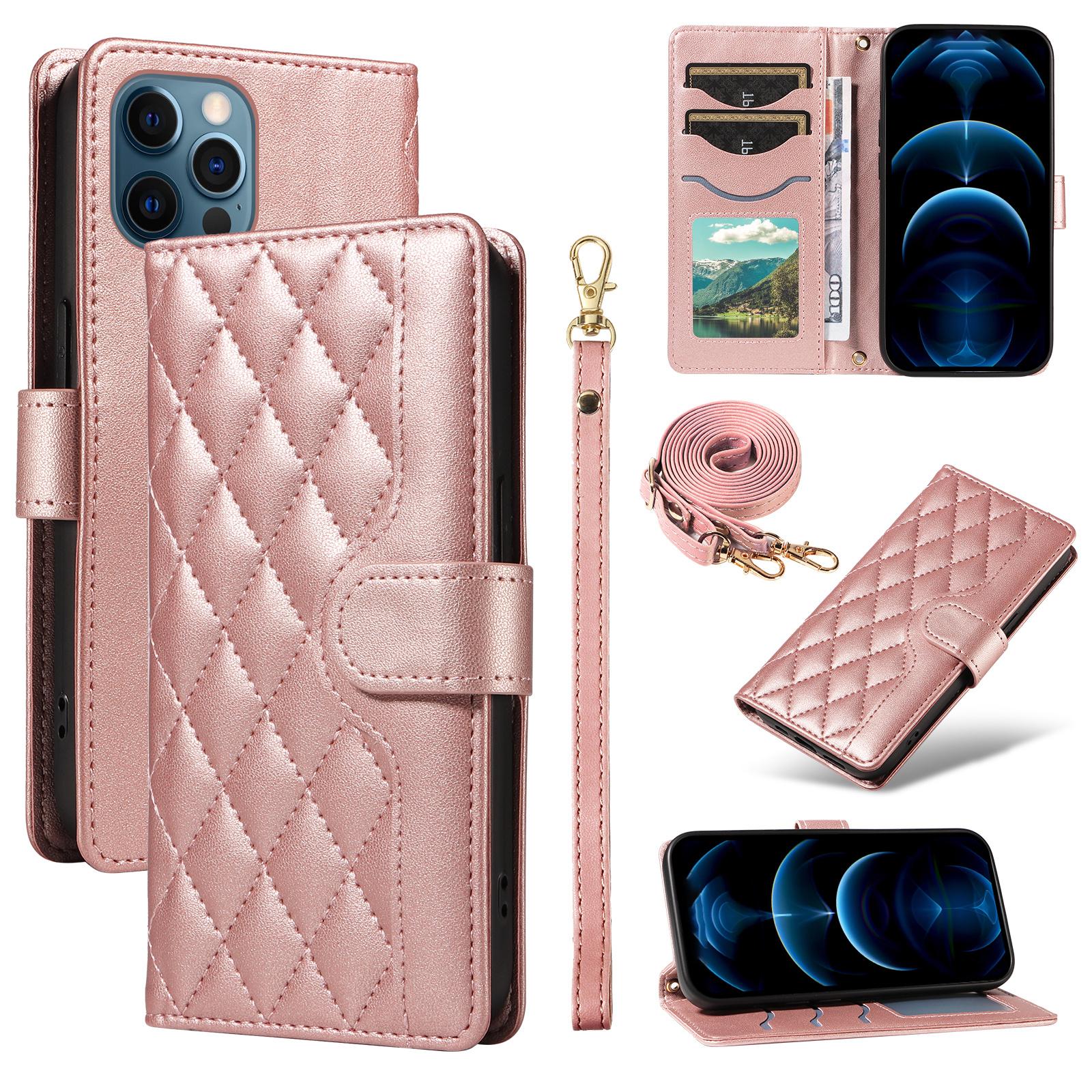 

For iPhone 13 Pro Max Case Rhombus Leather Crossbody Wallet Phone Cover Rose Gold