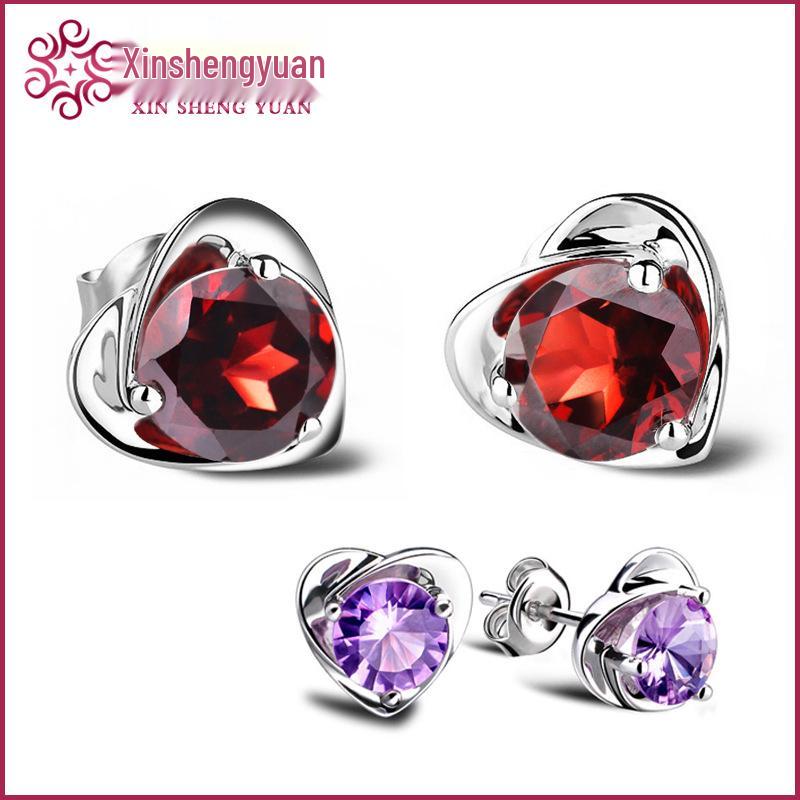 Sterling Silver Garnet Red Heart Stud Earrings - Korean Style
