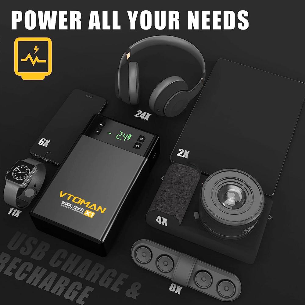 VTOMAN X1 Jump Starter with 100PSI Air Compressor, 2500A Peak Car Starter, 12V Lithium Battery Jump Box, 400 Lumen LED