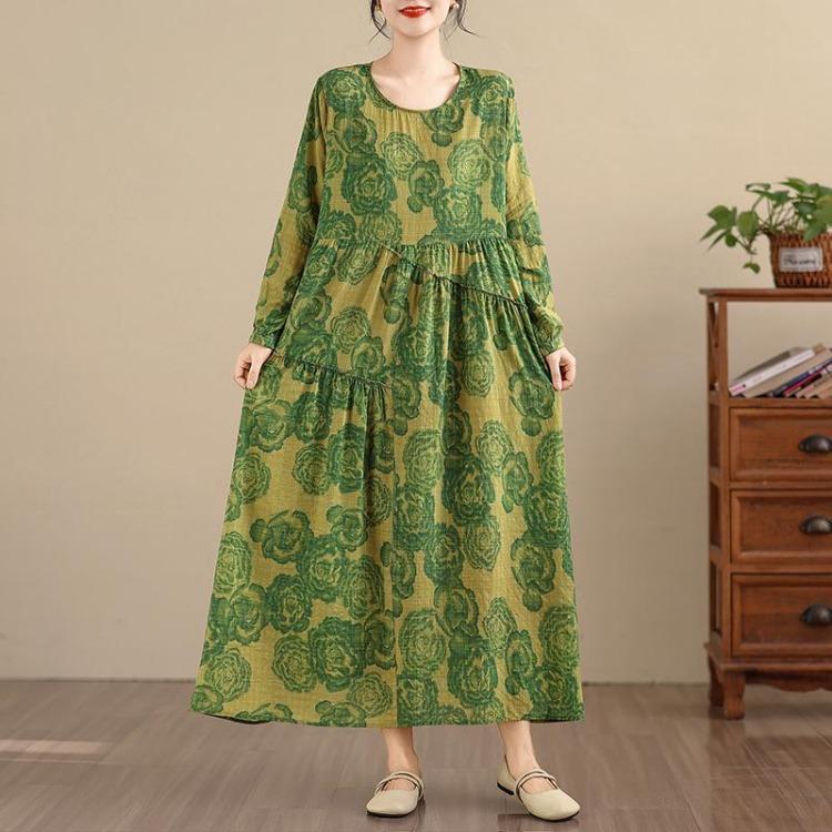 New Spring Summer Vintage Floral Print Maxi Dress Loose Oversize Long Sleeve for Women Plus Size