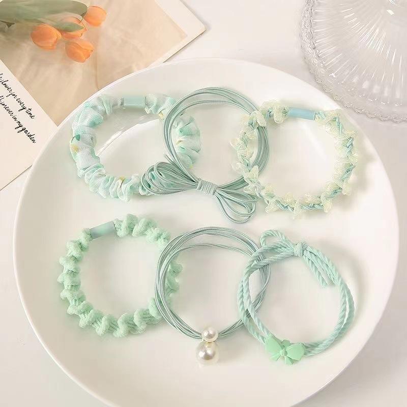 6PCS Ring Combination Mixed with Small Rubber Band Headband Cute Hairstring Women Set High Temperament Ponytail Hair Accessory
