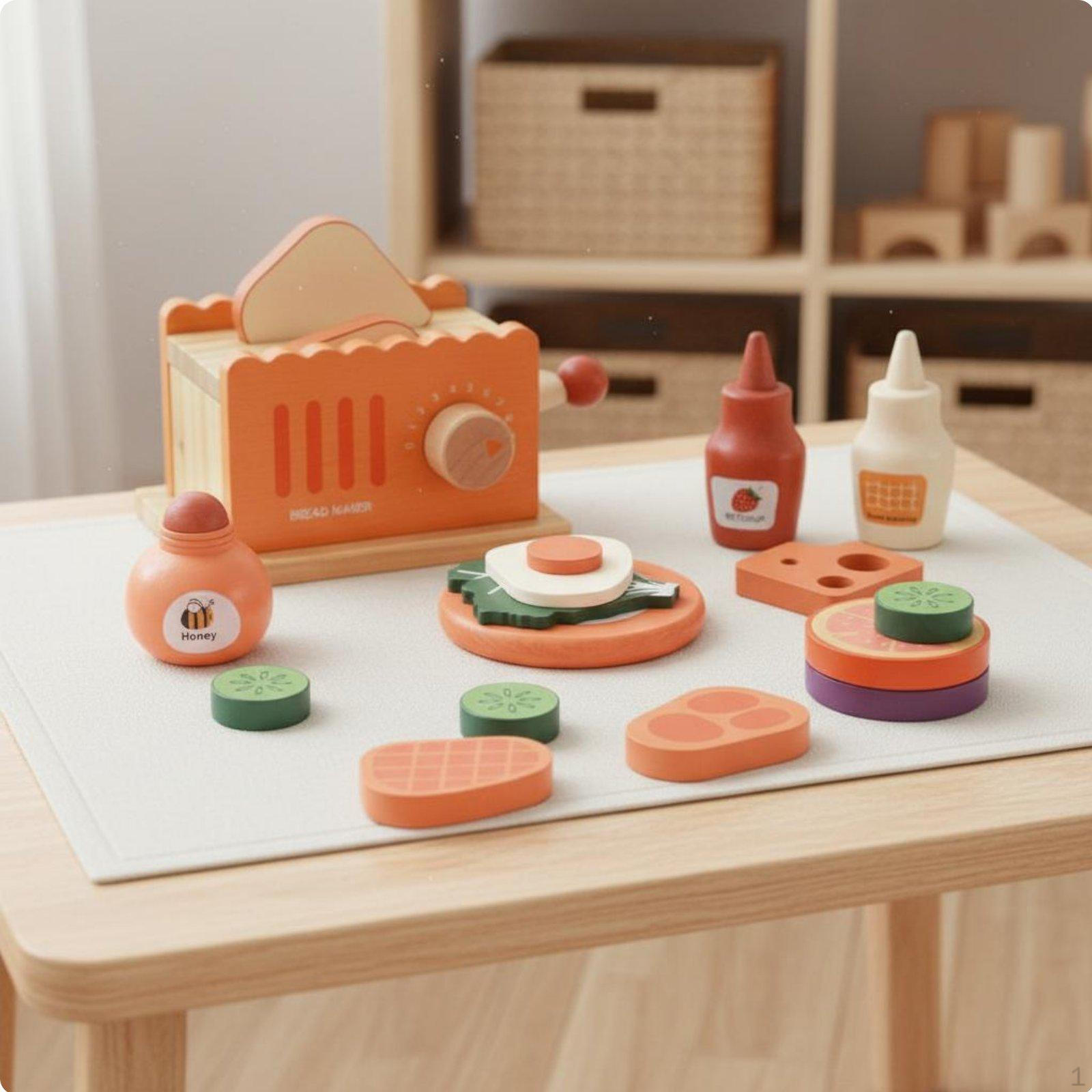 Pretend Bread Maker Toy Stacking Pieces Wooden Breakfast Role Play Food Set for Kids,