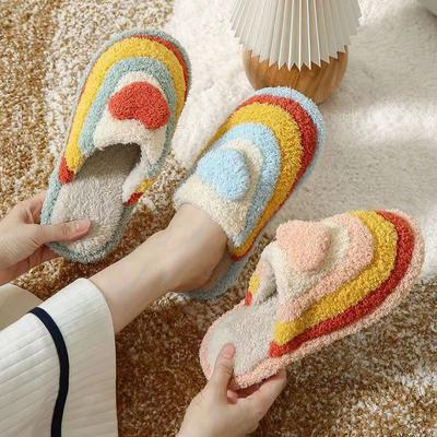 Fashion Women's Patchwork Striped Home Cotton Slippers Casual Plush Love Flat Slippers 2024 New Winter Bedroom Women's Shoes