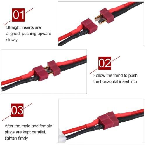 Set of 2 T-Connectors: Female T-Plug To Tamiya Male Cable + Male T-Plug To Tamiya Female Cable with Silicone Jacket, 5cm Length, 14AWG, Male To Female