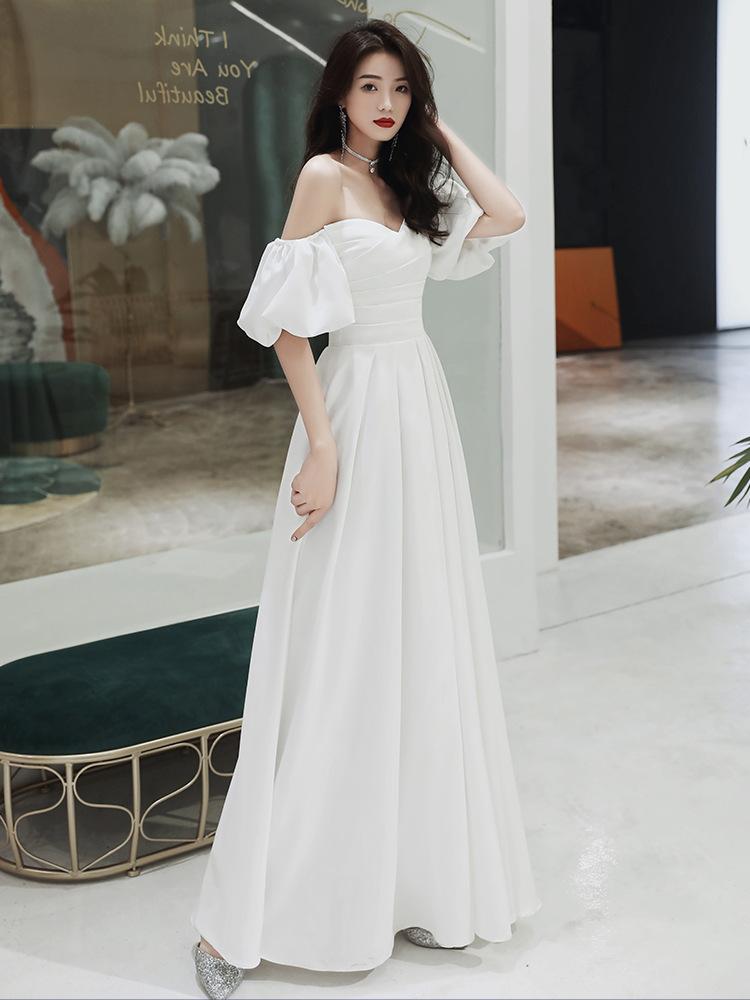 White Evening Dress Women's 1011 New Banquet Temperament Socialite Long Style Can Usually Wear Birthday Shoulder Dress