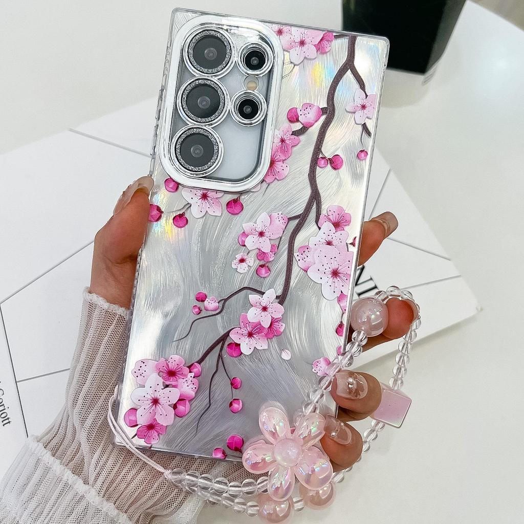 Samsung S25 Ultra Floral & Grass Lens Film Case - Full Coverage for S24 & A56, with Bracelet-style Protective Case