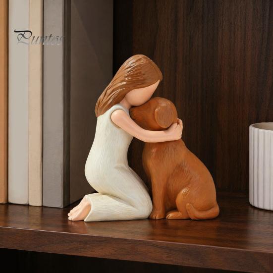 Figurina Ragazza che Abbraccia Cane in Resina Fatta a Mano, Scultura Compagno Animale Domestico Dipinta a Mano, Figurina Commemorativa Marrone Nero Ornamento da Scrivania, Ricordo