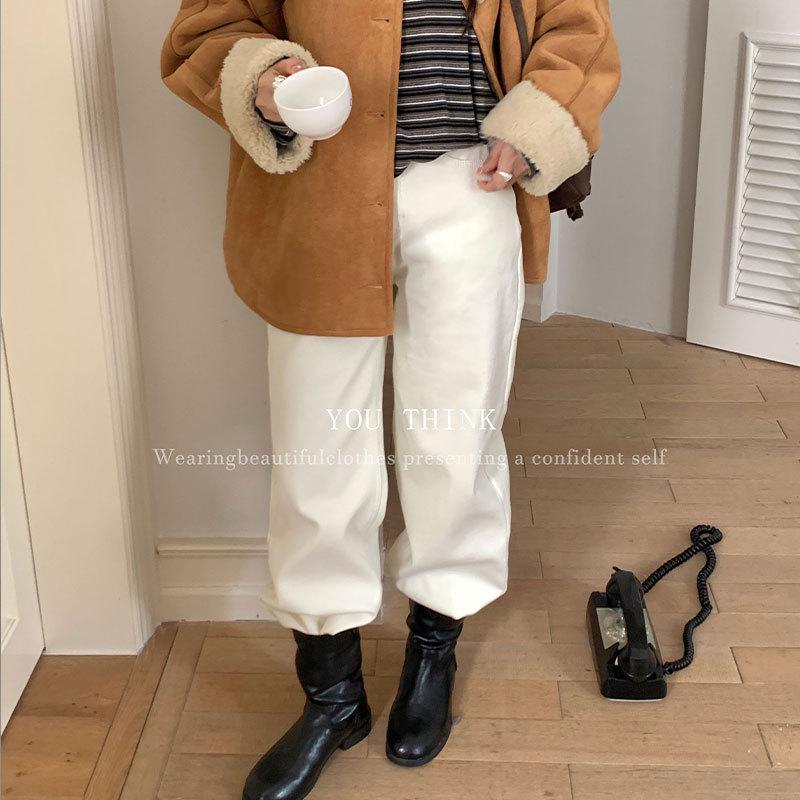 High-Waist Korean Style Velvet-Lined Warm Denim Pants S абрикосовый/белый