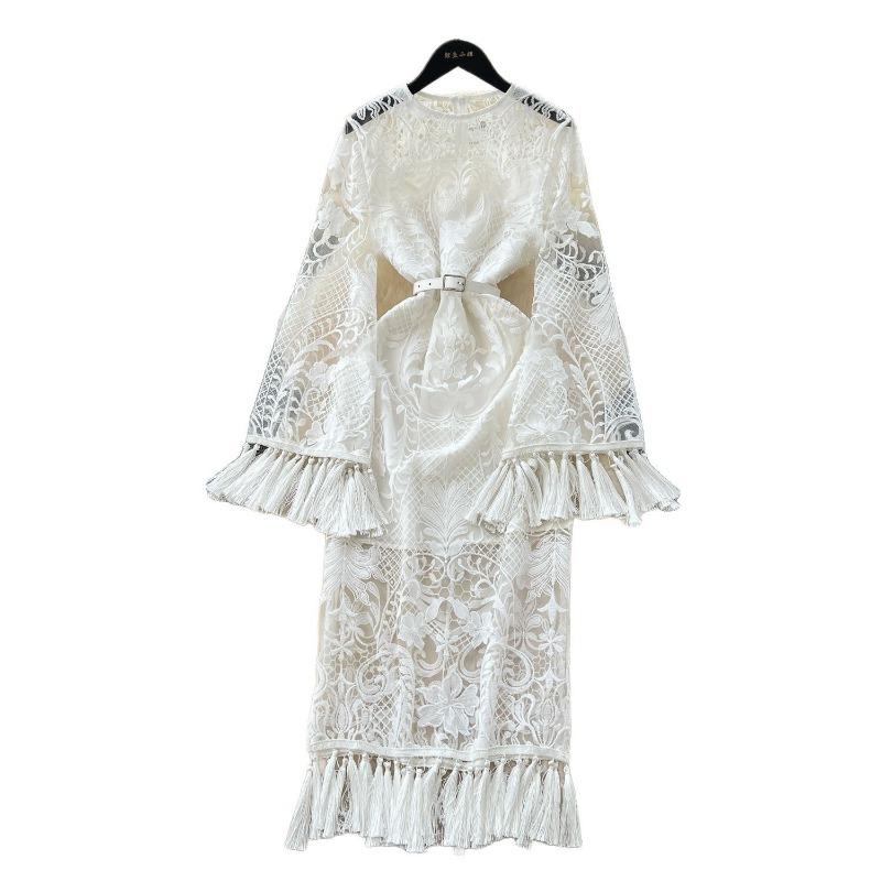 Mesh Dress with Spring Flared Sleeves for Women's Wear and A Hollowed-out Hook-flower Tassel Dress