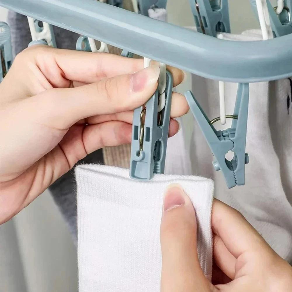 Clothes Drying Hanger 32 Clips Underwear Laundry Rack Foldable Socks Bracket Storage Organizers Windproof Clothes Horse Supplies