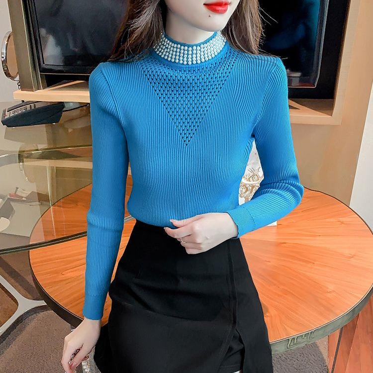Women High Neck Sweater Slim Beaded Stretch Knit Sweater Fall and Winter Long Sleeve Pullover Knit Top
