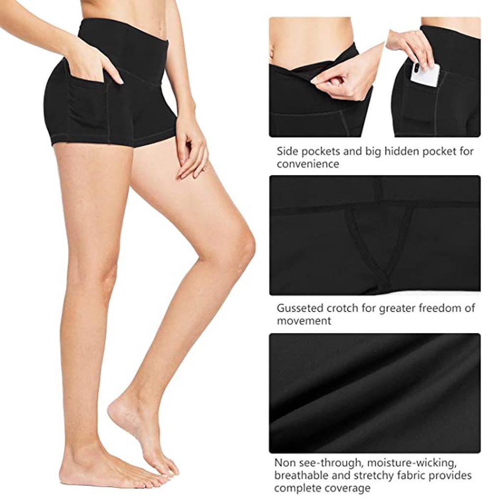 Women High Waist Yoga Pants Side Cell Phone Pockets Sports Shorts Leggings Pants