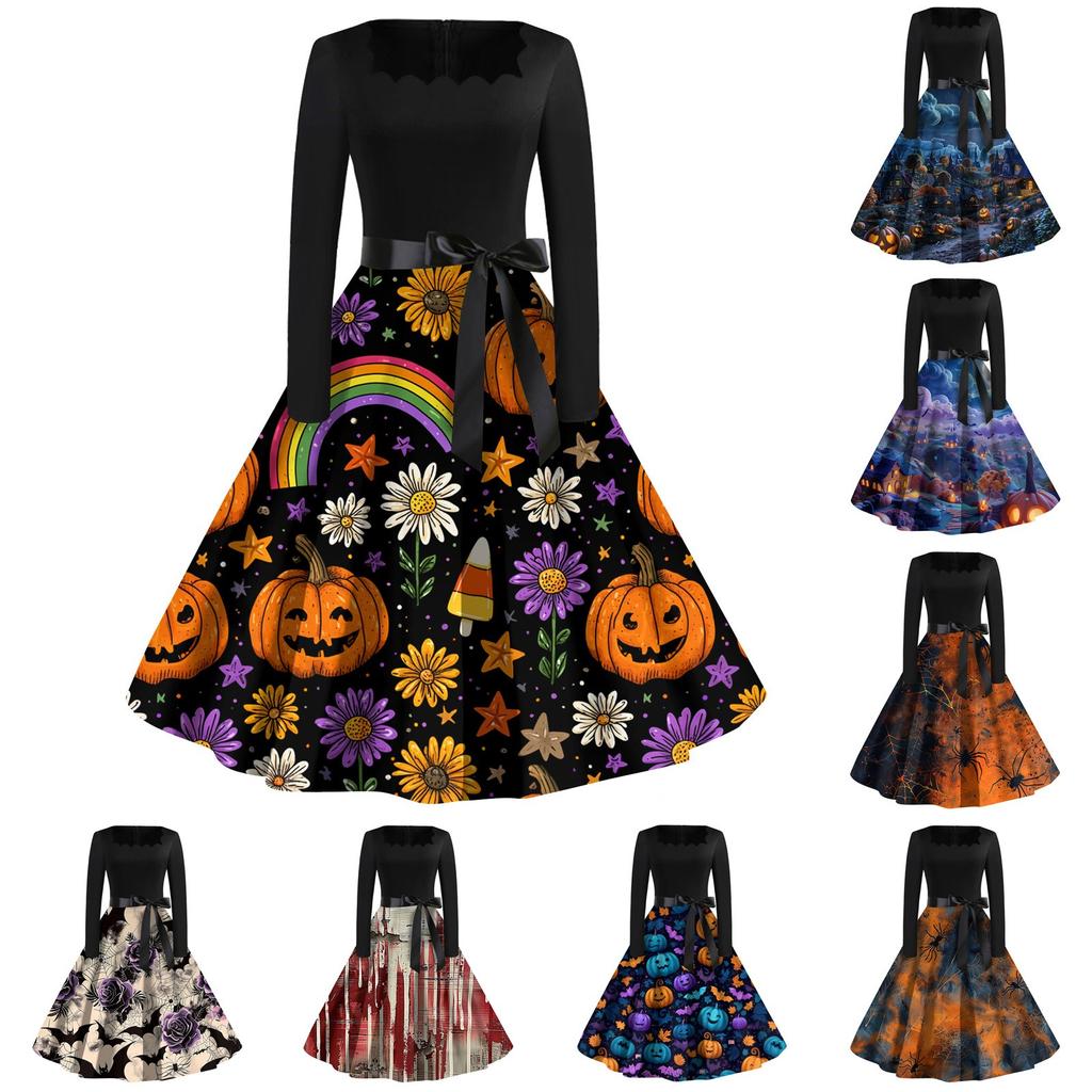 Women's Casual Fashion Halloween Printed Square Neck Vintage Dress