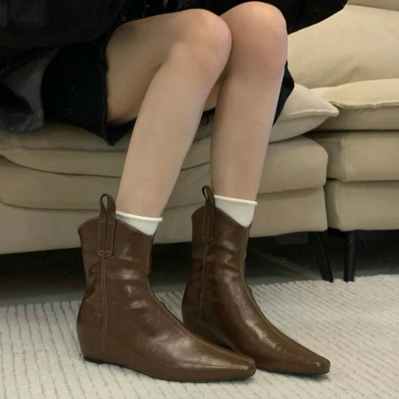 Fashion Skinny black 2025 autumn and winter style simple and versatile wedge heel heightened pointed toe women's booties