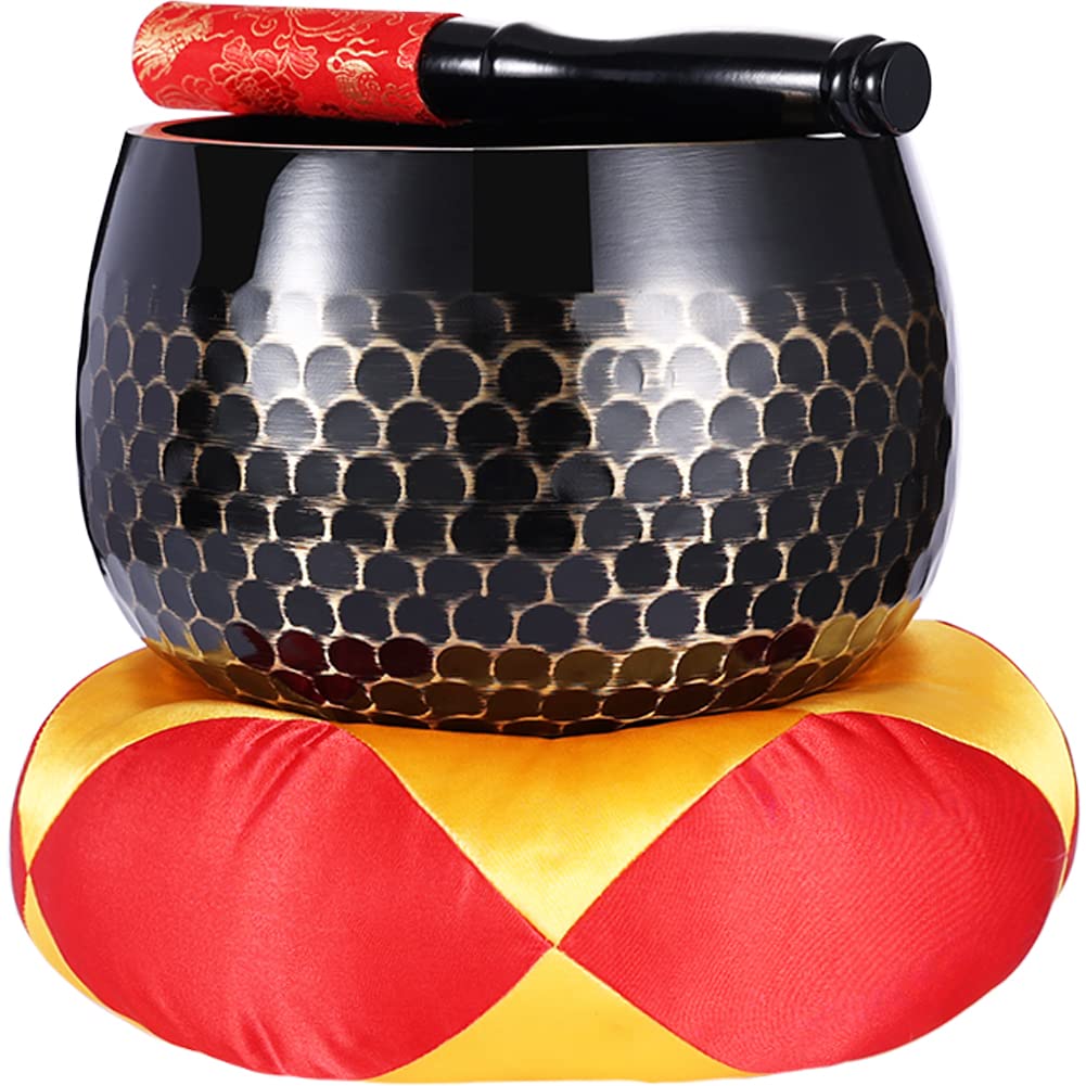 

YUYAKESHI Buddhist Bell, a rich, deep-pitched brass chime perfect for memorial services. Features a hand-hammered, scale-like surface, a bell stand,