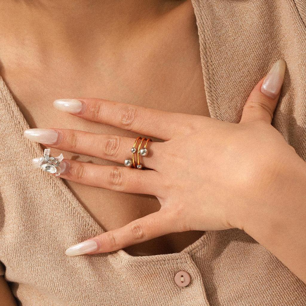 European-American Gold & Silver Color-Block Spherical Multilayer Open Ring - Versatile Titanium Steel Women's Ring