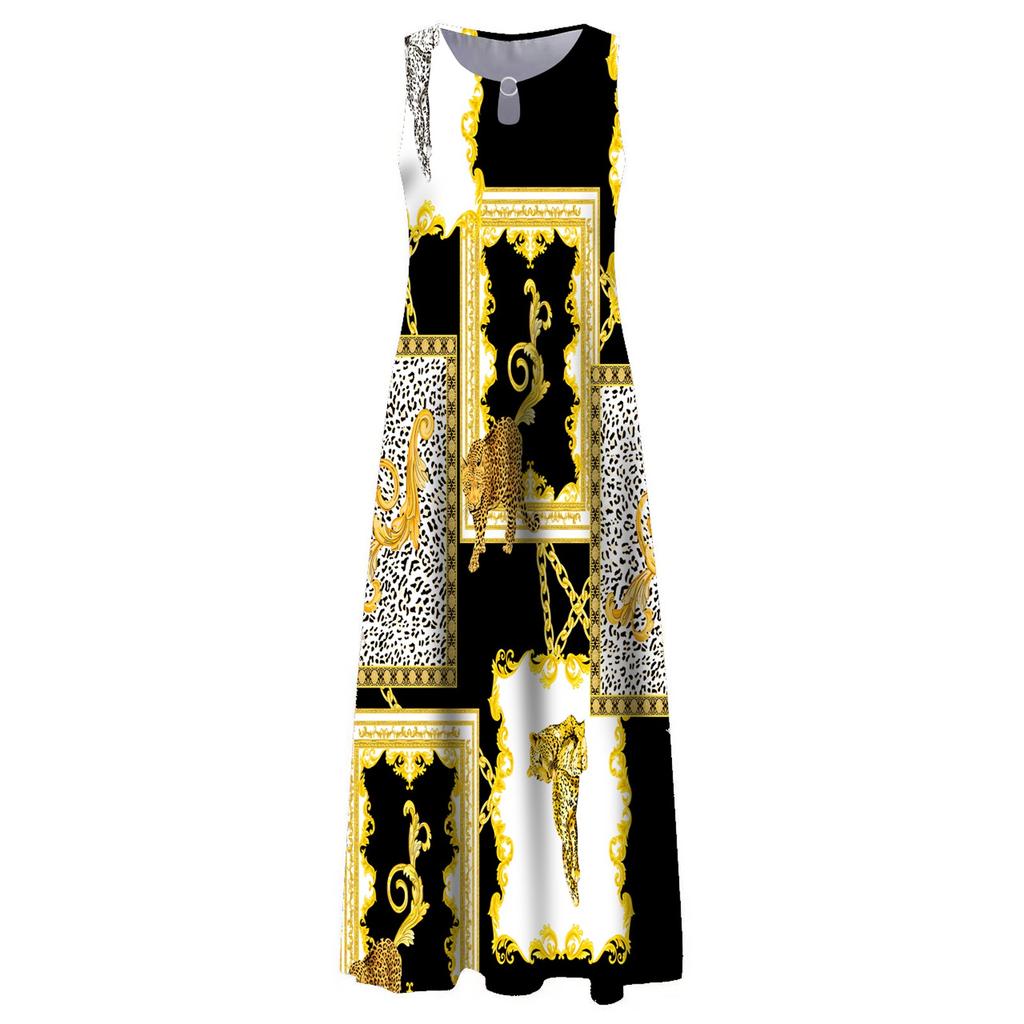 Women's Casual Printing Big Hem Dresswave Round Neck Sleeveless Long Dress