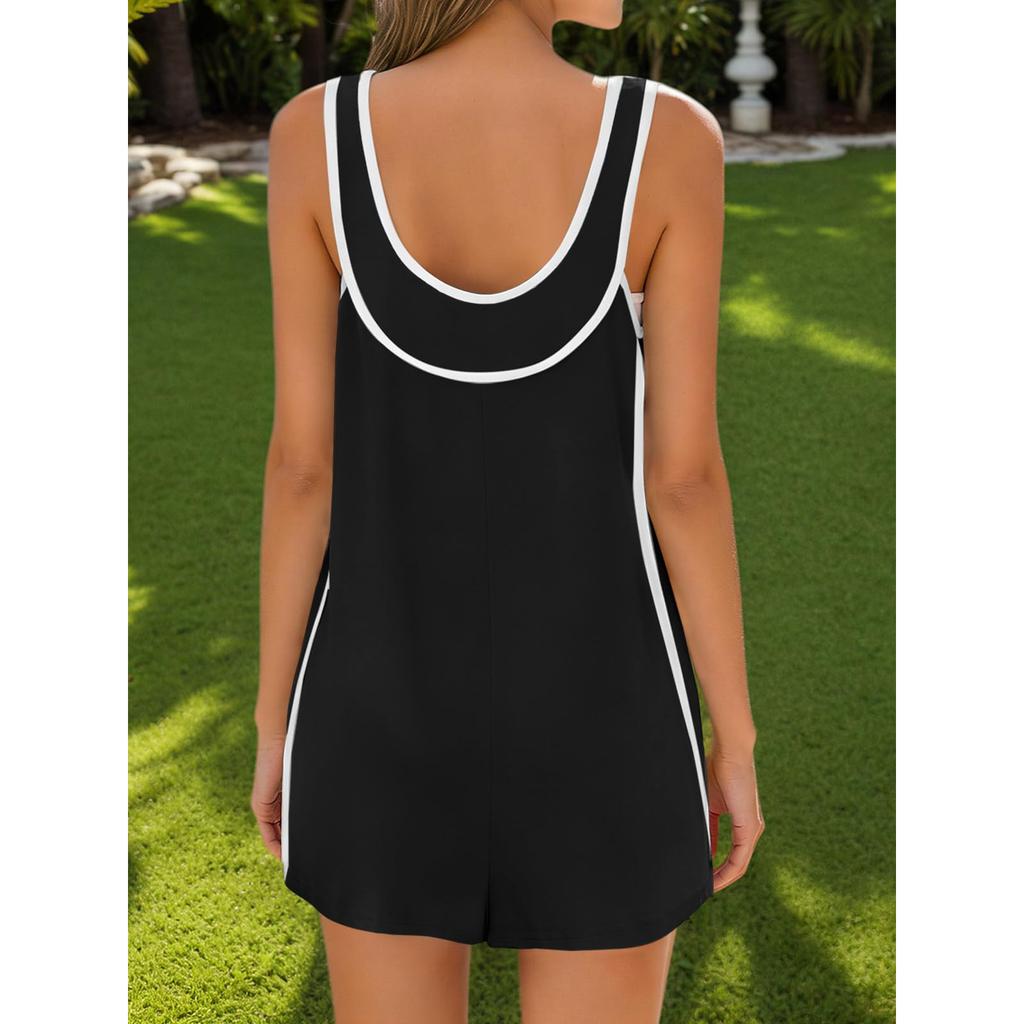 Women Short Cropped Sleeveless Loose Fit Romper Pockets Casual Jumpsuits