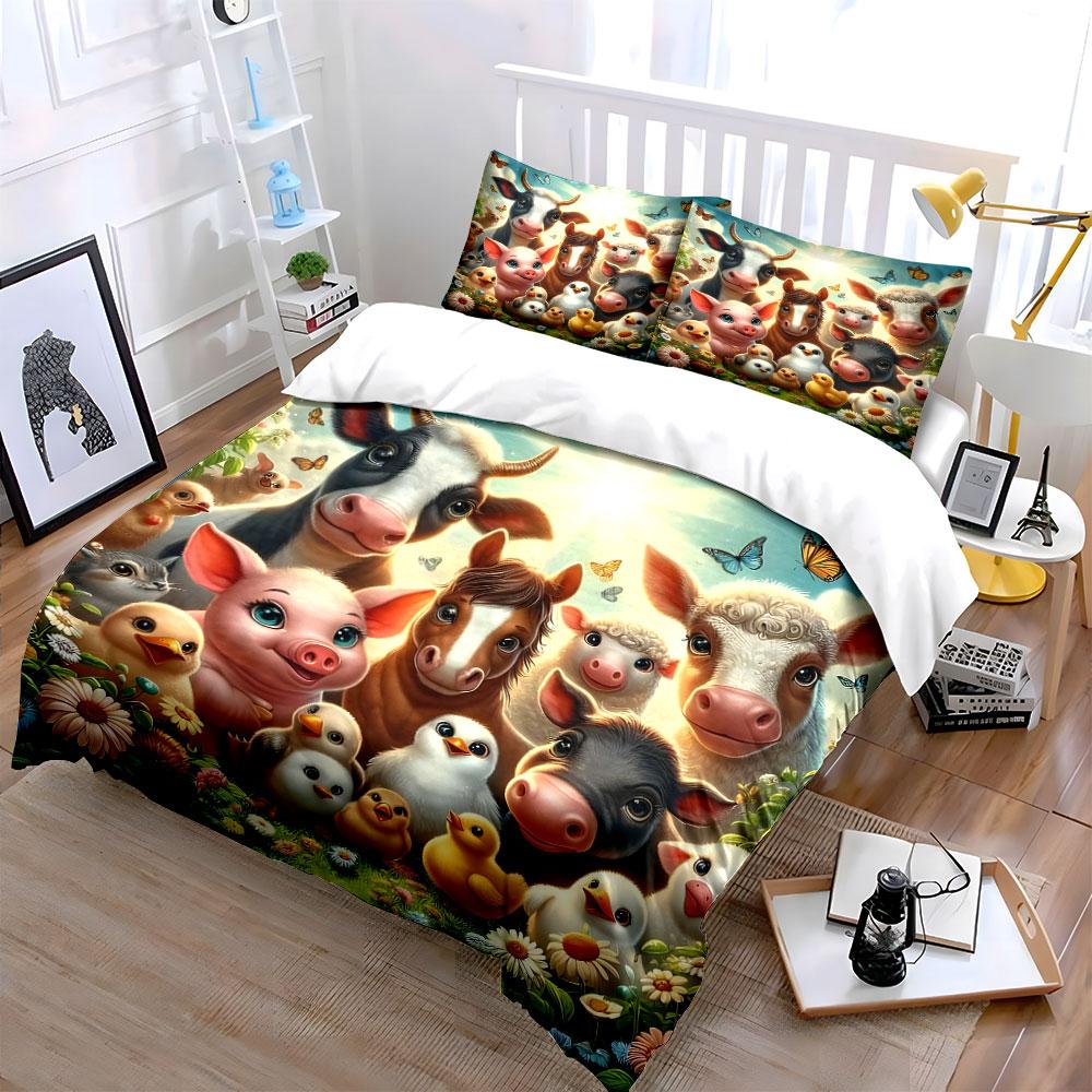 Farm Animals and Nature Cartoon Design Print Bedding Set Duvet Cover Pillowcases (1* Duvet Cover 2* Pillowcases Do Not Include Comforter)