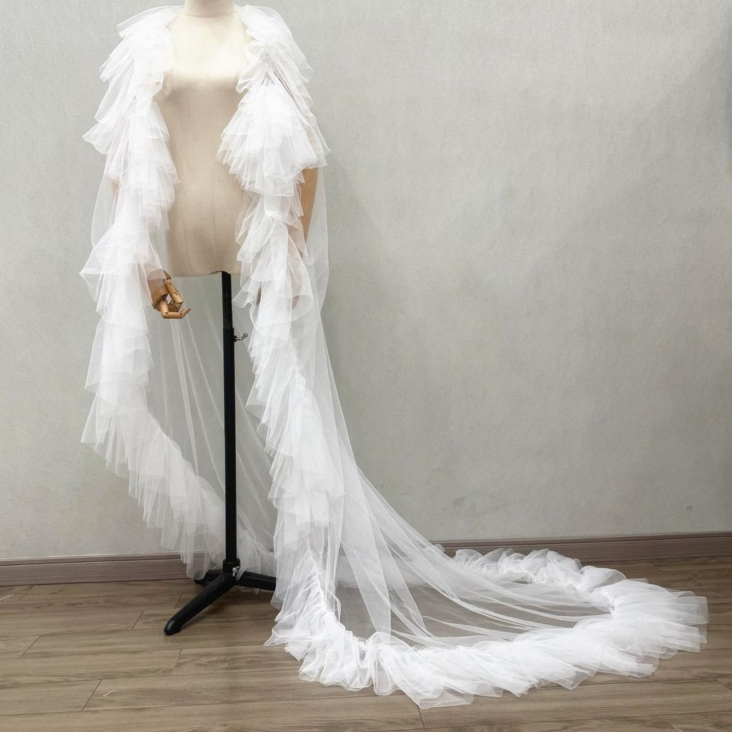 Women Multi Layer Ruffle Tulle Cape Long Train Sheer Mesh Cloak Detachable Pearl Strap Bridal Wedding Cover UpEvening dress Dance party attire