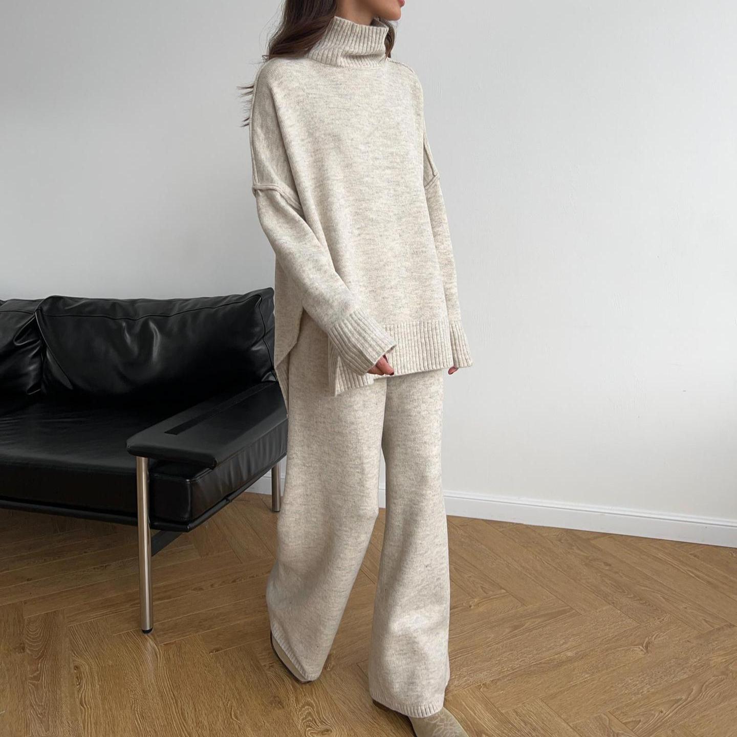 

Жіночий светр із 2 предметів, трикотажний пуловер з високим горлом і широкими штанами, відповідні набори для відпочинку Осінньо-зимовий одяг Спортивний костюм для жінок L світлого кольору хакі