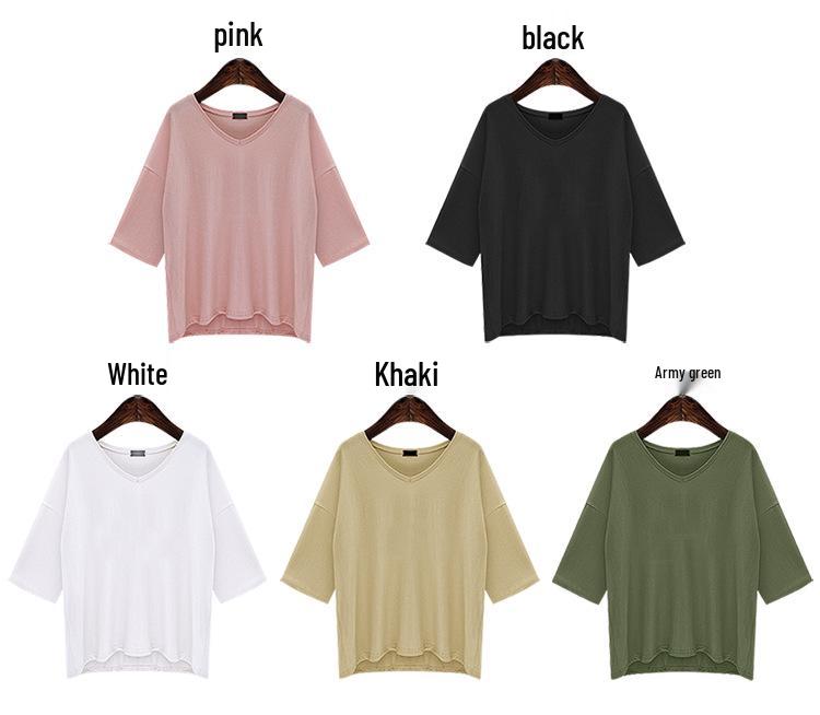 Women's V-Neck Mid-Sleeve Plus Size Loose T-Shirt - Summer Solid Color Versatile Top