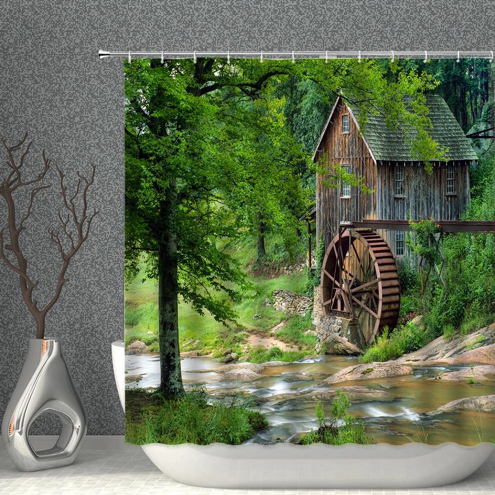 

Nordic Oil Painting Landscape Shower Curtains Greece Retro Rural Flower Plant Bathroom Curtain Polyester Fabric Home Bath Decor W90XH180cm