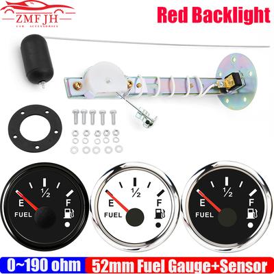 Auto Car 2" 52mm Fuel Level Gauge with Alarm + Fuel Level Sensor 0-190 Ohm Oil Tank Meter Indicator Red LED for Car Boat 12V 24V