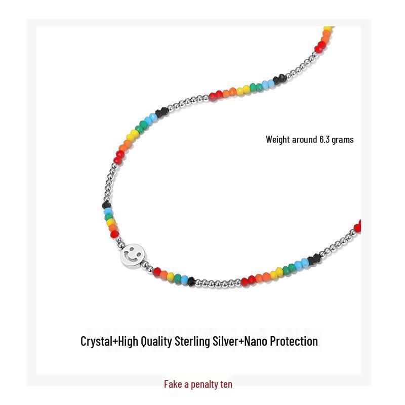 

Ожерелье из стерлингового серебра 925 пробы с радужными дофаминовыми бусинами и смайликом для женщин - Летний стиль 925 Silver