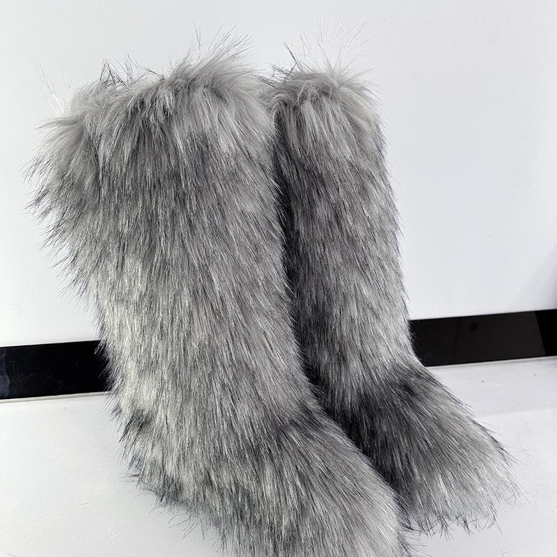 Huňaté kozačky Dlouhé vysoké zimní imitace liščí kožešiny huňaté sněhule Pánské a dámské zimní velké velikosti kožešinové nadkolenky