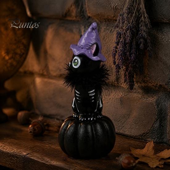 Atmospheric Living Room Decor Halloween Pumpkin Witch Hat Black Cat Ornament, Resin Desktop Skeleton Figurines Statue, Creative Cartoon Figurine