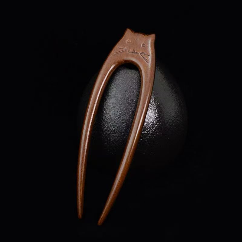 

Chinese Style Cute Little Bear Cat U-shaped Handmade Sandalwood Hairpin for Women Hanfu Accessory Temperament Hair Jewelry Gift