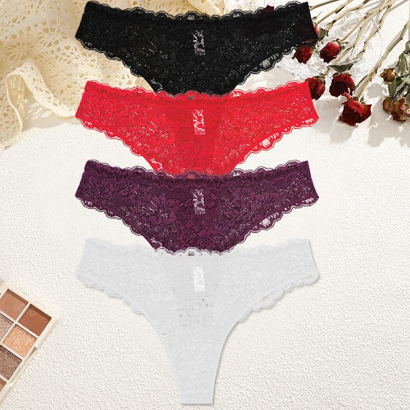 4Pcs/Set Perspective Lace Panties Hollow Out Low-waist Underwear Thongs Female Underpants Breathable Lingerie Intimates